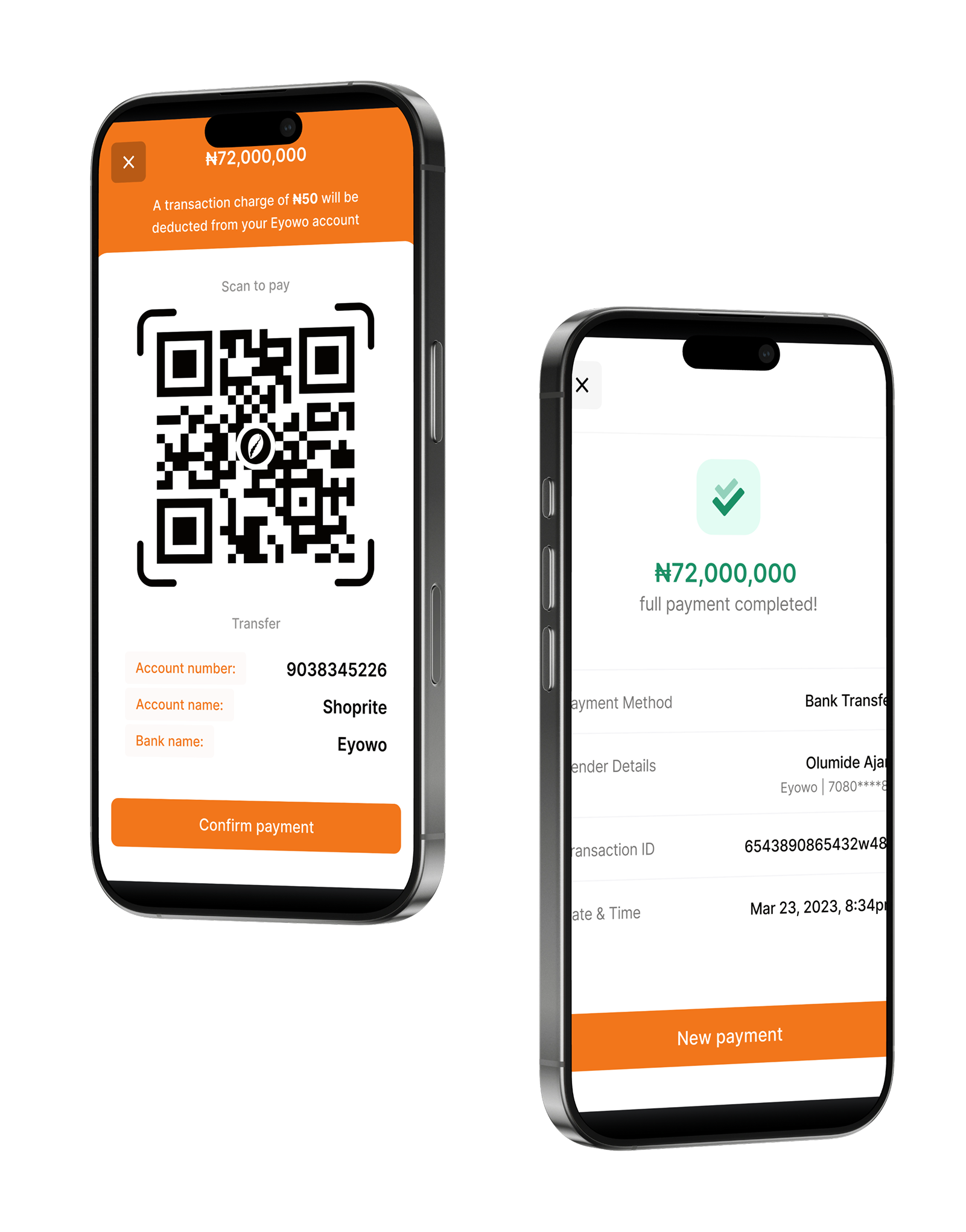 Eyowo Collect QR payment and completed payment shown on two phones
