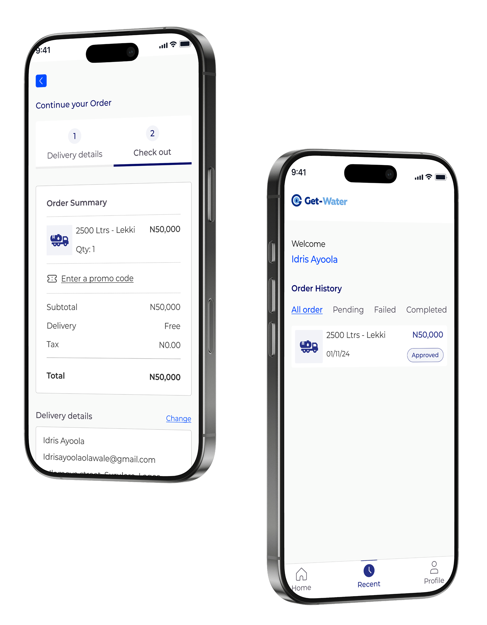 Get Water checkout with order summary and delivery details shown beside the order history screen on two phones