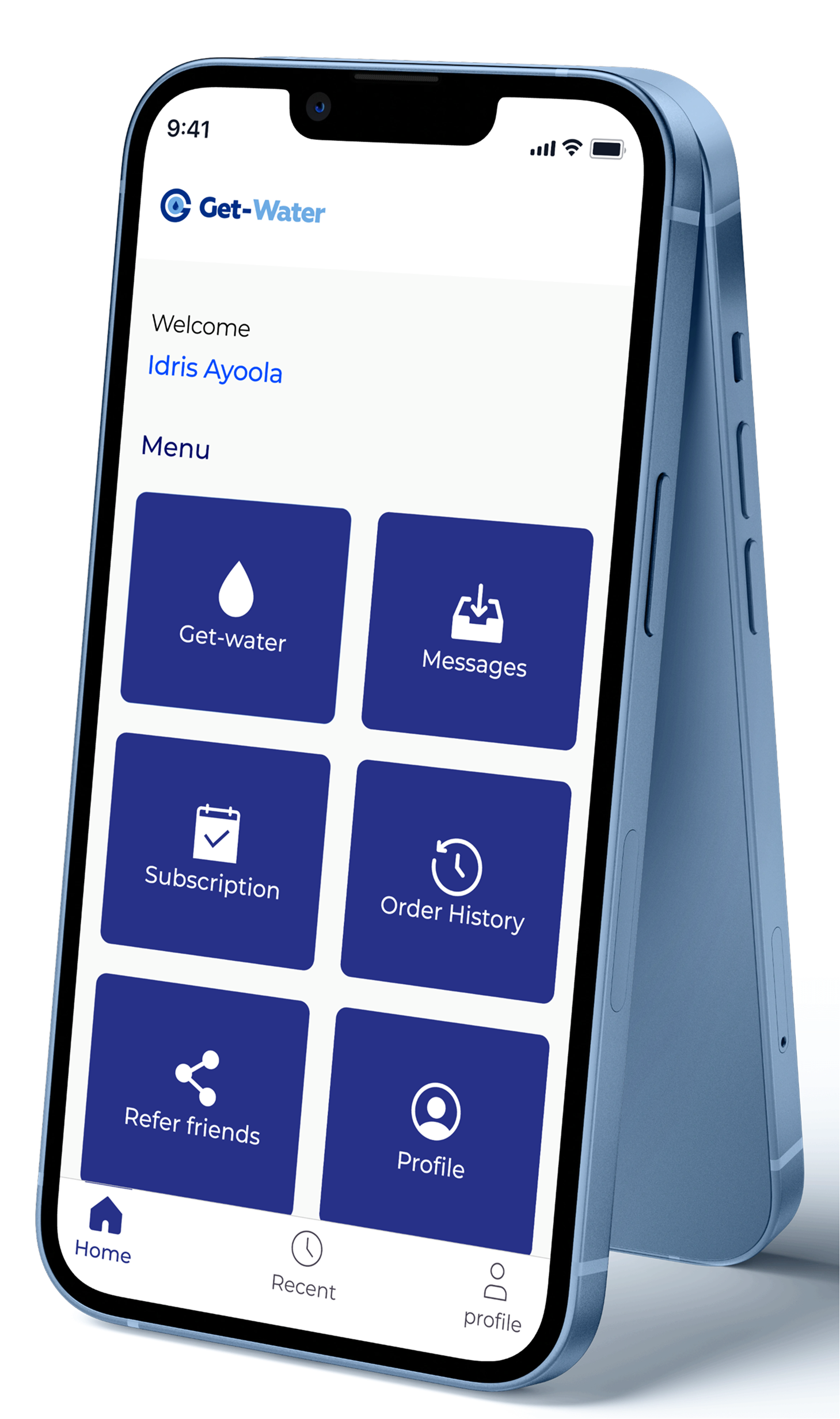 Get Water app menu with water ordering, messages, subscriptions and referrals shown on a tilted blue phone
