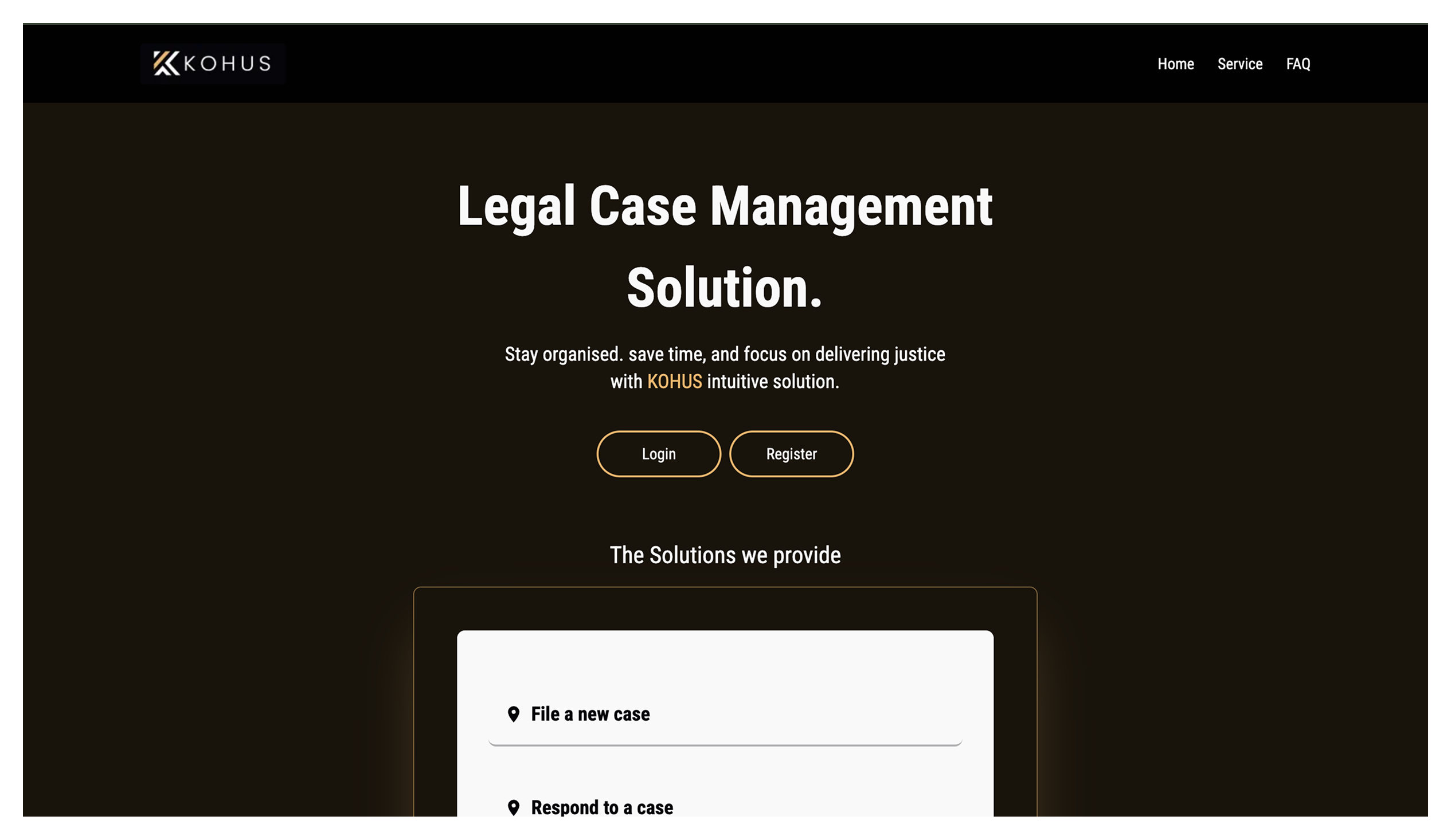 Kohus legal case management website with login and register actions above the file-a-new-case panel
