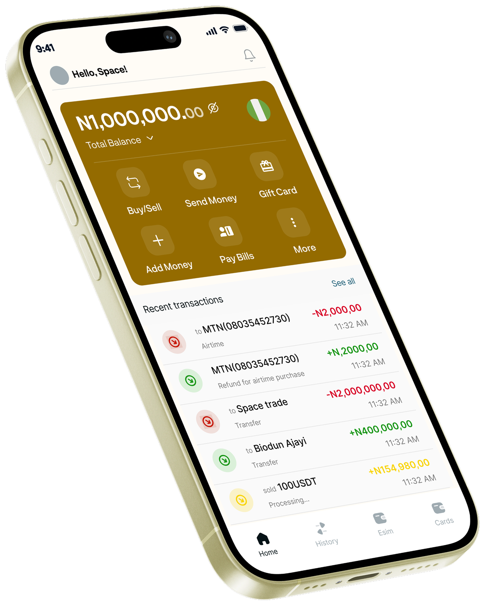 Space Trade app showing total balance, quick actions and recent transactions on a tilted gold phone